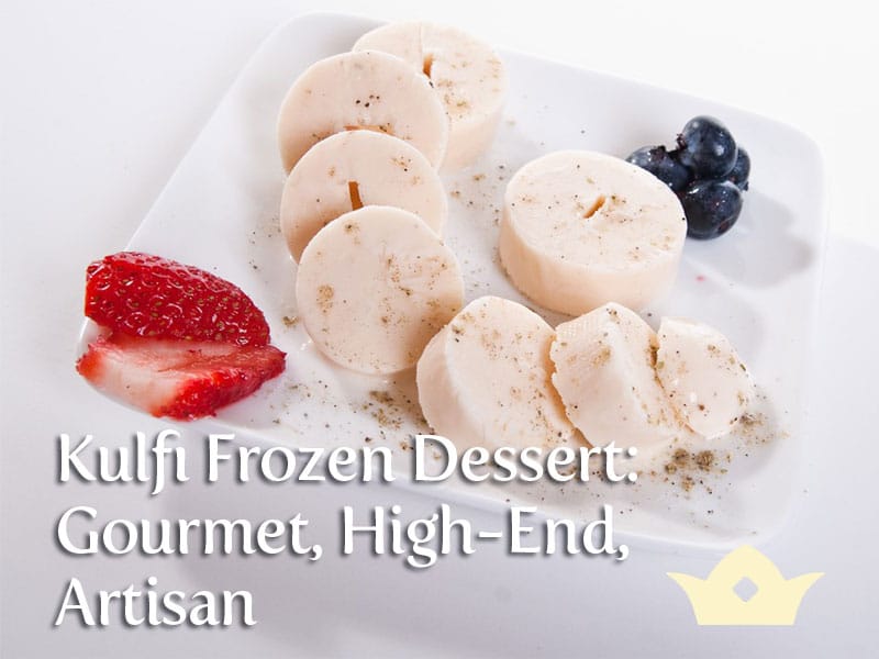 Chopped pieces of Kaurina's kulfi with fruit to illustrate kulfi frozen dessert