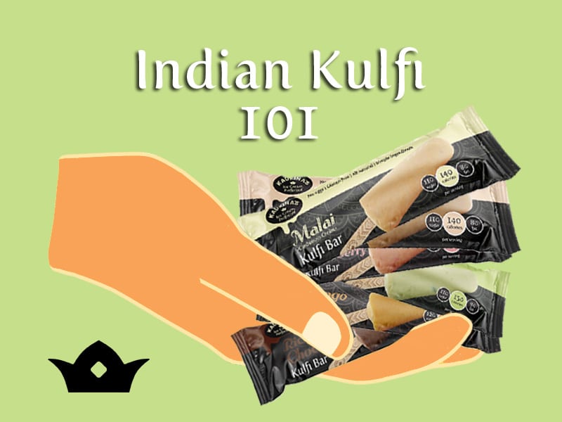 A graphic hand holding several kulfi bars to illustrate Indian kulfi 101